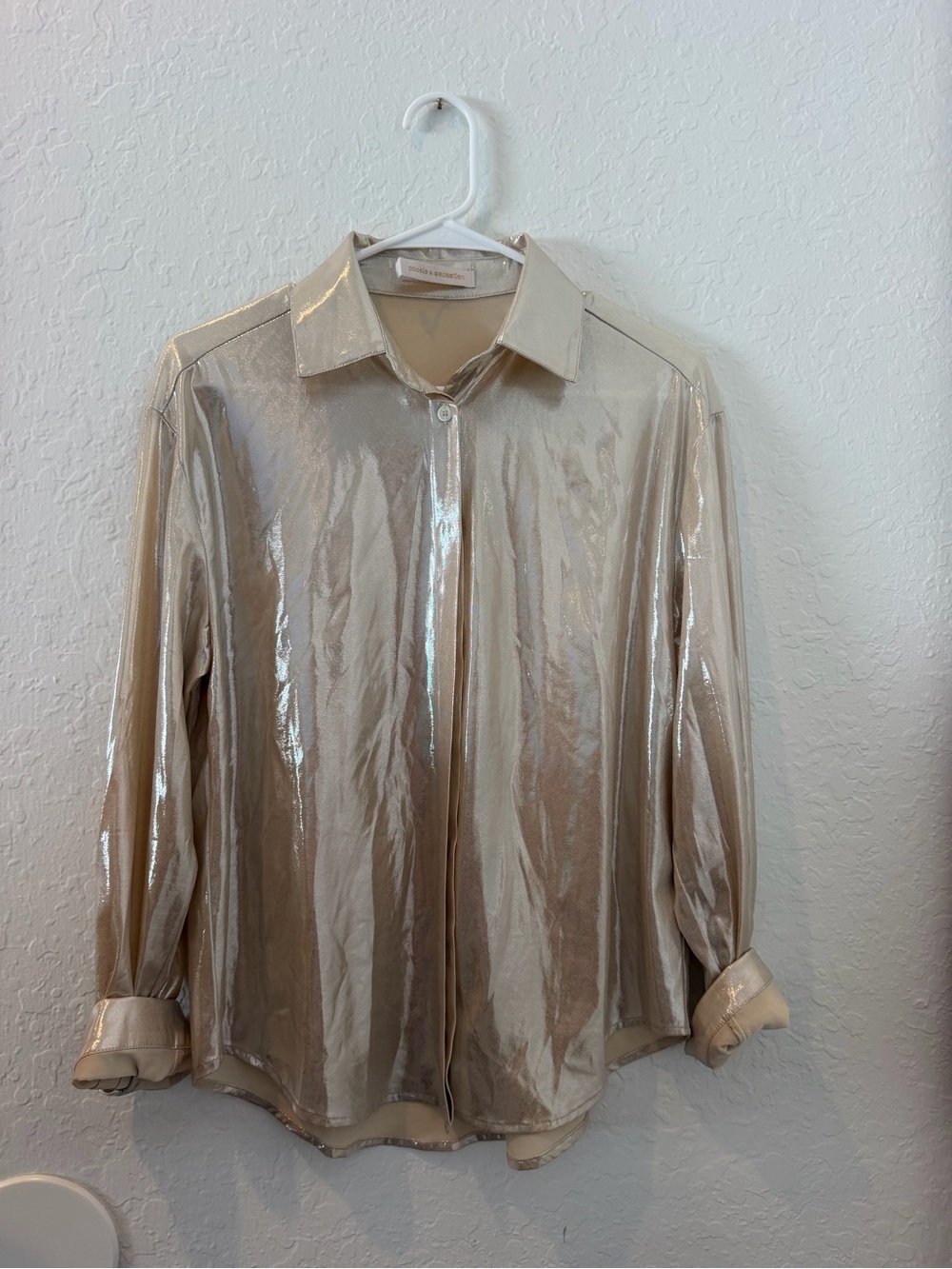 Pookie & Sebastian Champagne Metallic Button Front Blouse Size Small